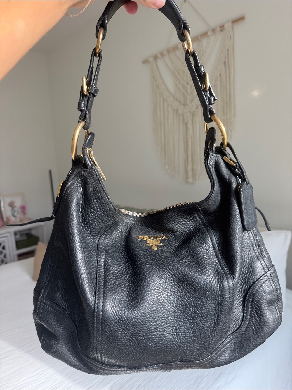 Prada Vitello Daino Leather Hobo Bag – Black Pebbled Leather, Authentic - Picture 12 of 12